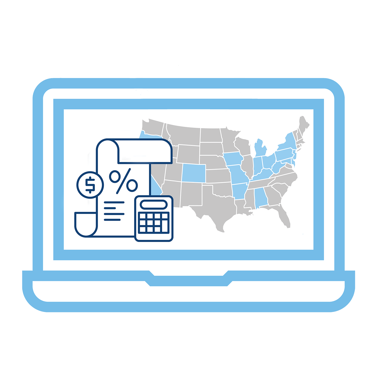 Image of a laptop with a United States map and a calculator